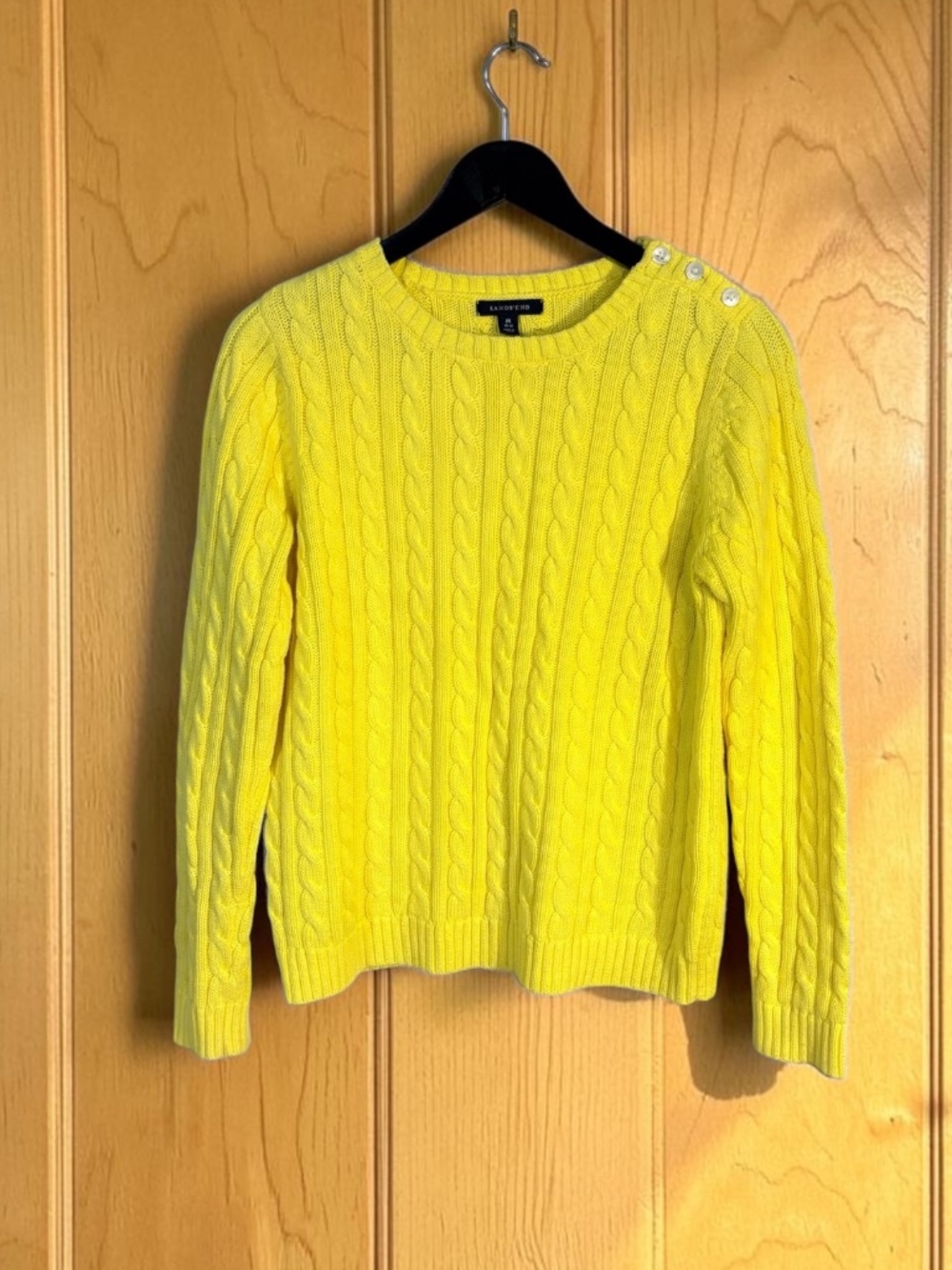 Lands End Drifter Cable Knit Shoulder Button Yellow Sweater M